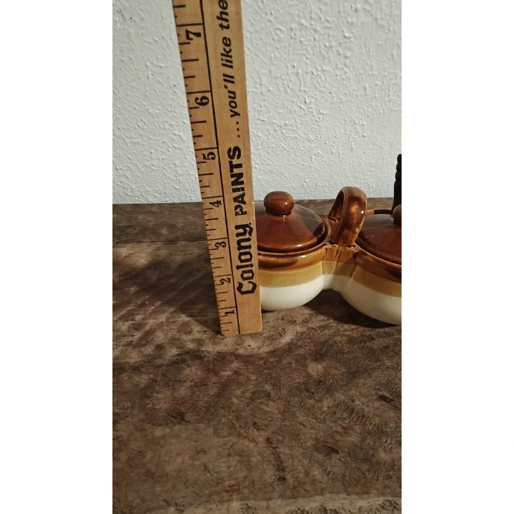 Vintage Pottery Stoneware Crock Relish Condiment Set With Lids & Original Spoons